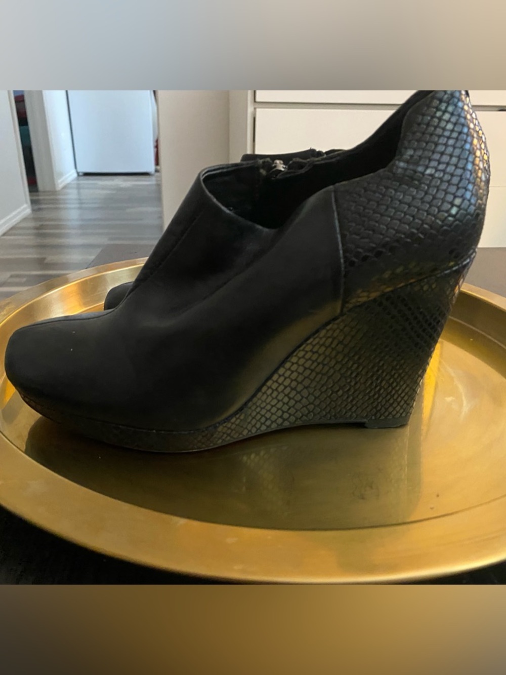 Clarks Black leather Wedge Booties with Python heel
